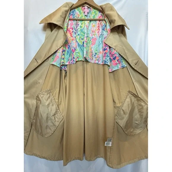 Lilly Pulitzer Womens Qynn Tan Gold Button Belted Trench Coat Size XL Classic - Picture 6 of 9